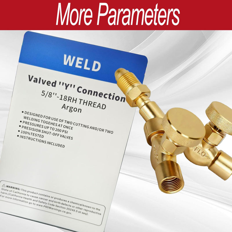 411 Valved Y Connector for Argon & Inert Gas welding, Argon Hose Fittings with Dual Shut Off Valve, 5/8" 18 Male Female Argon Gas Y Connector for Welding, MIG & Purge, Brass, 200 PSIG,Argon Y Valve