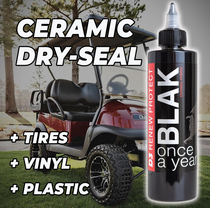 Blak 8oz | Tire Shine & Trim Restorer | Ceramic-Hybrid Protectant for Motorcycles, Golf Carts, RVs | Restore Faded Plastic, Cracked Vinyl & Prevent Dry Rot | Long-Lasting OEM Finish Blak 8oz