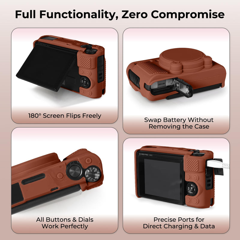 Silicone Camera Case for Canon PowerShot SX740 / SX730 HS Digital Camera, Soft Silicone Protective Case, Removable Lens Cover with 2 x Tempered Glass Protectors & 1 x Wrist Strap – Brown