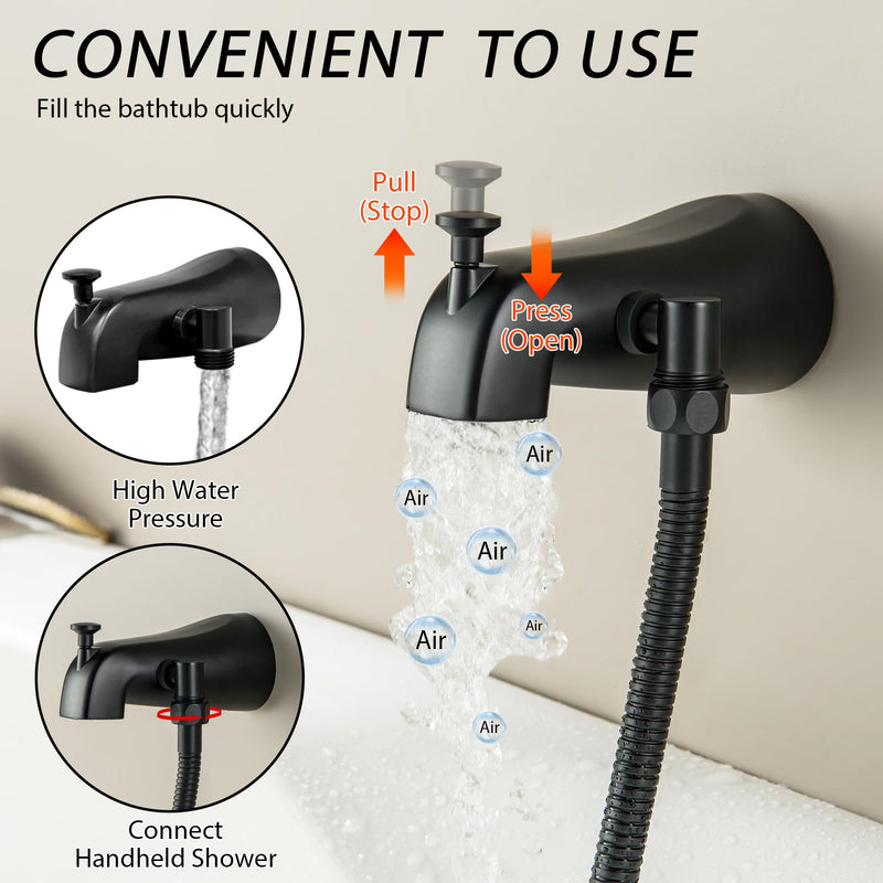 Tub Spout with Diverter Matte Black, 5 Settings Metal Bathtub Faucet with Sprayer High Pressure Bath Tub Faucet Set