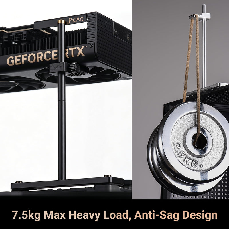 Stackable Aluminum GPU Anti-Sag Bracket for 120mm Fans | Silver bracket, -15/0/15 adjustment & stackable design. Forward/reverse install, fits with or without 120mm fan