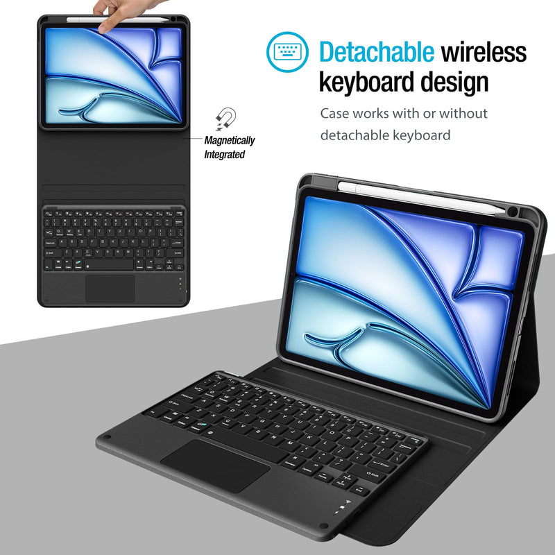 ProCase Touchpad Keyboard Case for iPad Air 11 Inch M4/M3/M2 & Air 5/4 | Detachable Keyboard with Precision Multi-Touch Trackpad, Slim Protective Case with Pencil Holder for Work & Travel - Black