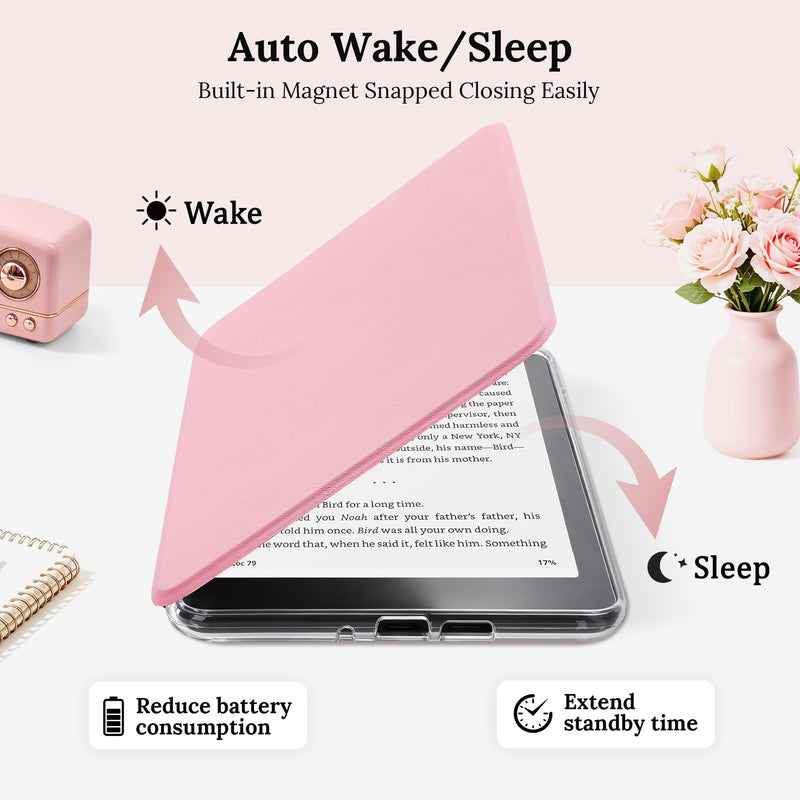 Magnetic Rotating Stand Case for 7'' Kindle Paperwhite & Colorsoft | Magnetic Detachable, Adjustable Stand, Auto Wake/Sleep, Clear PC Case, Soft TPU Edge, Hand Strap, Anti-Slip Grooves, Pink 7" e-book-reader