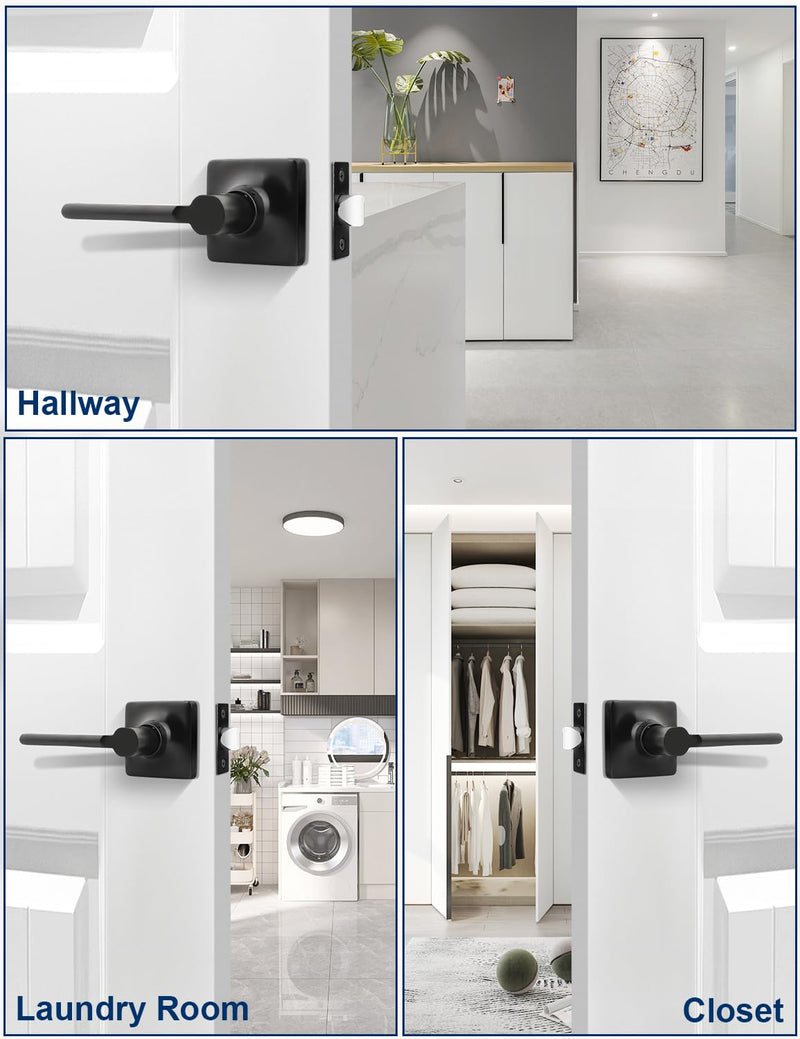 Mengico 1 Pack Passage Door Levers Black Finish, Heavy Duty Interior Door Handles for Closet and Hallway, No-Locking Keyless Square Door Knob, Reversible for Left or Right