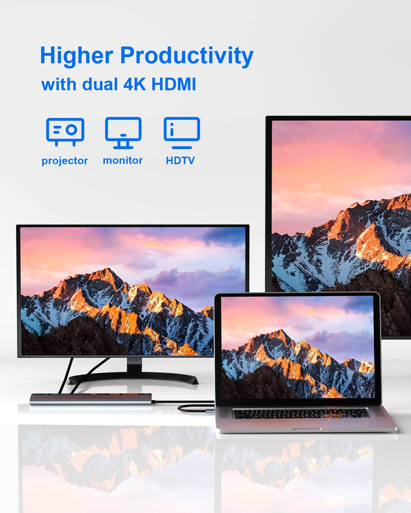 USB C Docking Station Dual Monitor with Power Adapter: NewQ 12-in-1 Thunderbolt 3 | 4 Dock, Dual 4K HDMI, 4 USB, Audio, Ethernet, SD/TF Slot, 18W PD Out, for Mac, HP, Dell, Lenovo, Surface, Asus, Acer 96W Power Adapter with 96W Power Adapter