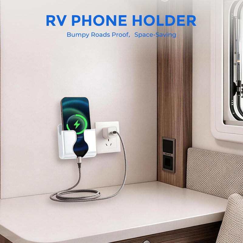 2Pack Wall Phone Holder, Side Groove Phone Holder for Wall | Self Adhesive Wall Mount Phone Holder for Bedside RV Camper Boat Charging, Compatible with iPhone and Android White