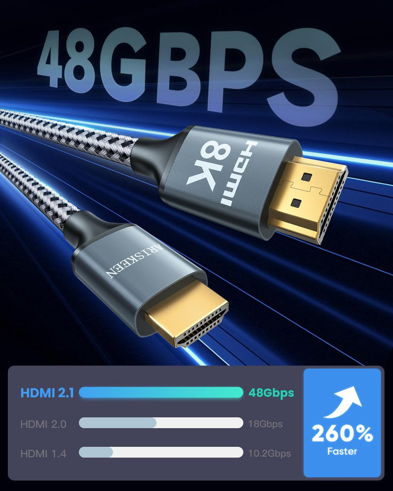 ARISKEEN 8K HDMI Cable 40FT, 48Gbps High Speed HDMI 2.1 Cable, 8K 60Hz, 4K 120Hz 144Hz Support for HDR 10, HDCP 2.2 2.3, eARC, DTS:X, Braided HDMI Cord Compatible with Laptop/HDTV/Monitor - 40 Feet 1