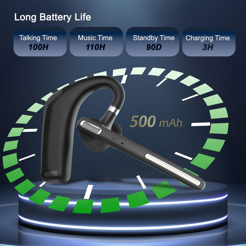 Bluetooth Headset, Wireless V5.4 Bluetooth Earpiece with Dual Noise Cancellation Mic with iPhone and Android, 110H Talktime Hands-Free Headphone for Trucker/Business/Office (Black) Black