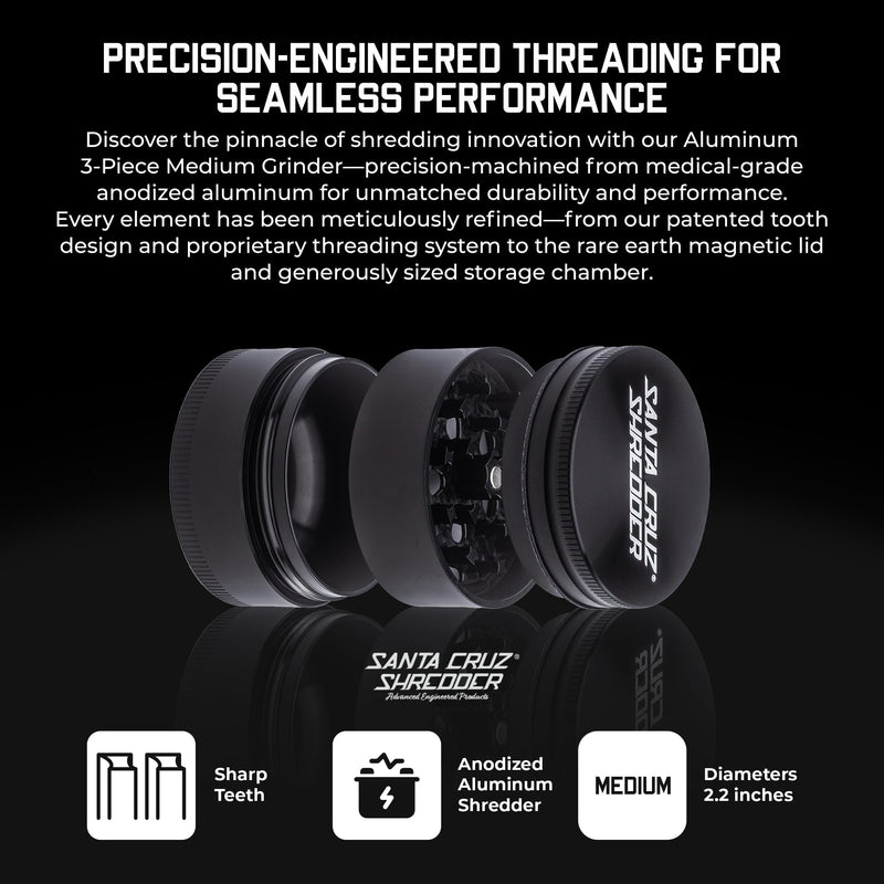 Santa Cruz Shredder Herb Grinder 3 Piece Medium 2 1/8" Superior Grip and Aluminium (Black) Black