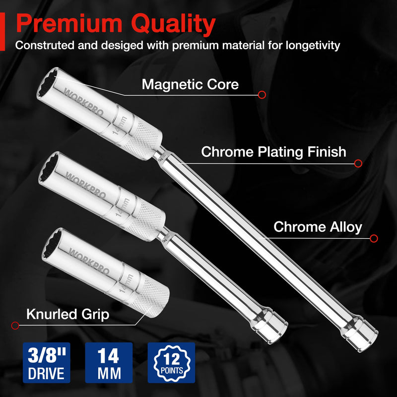 WORKPRO 3PC Magnetic Swivel Spark Plug Socket Set-Includes 14 mm Thin Wall Socket with 6- and 10-inch Extensions, 3/8-inch Drive with 12-Point, Magnetic Core