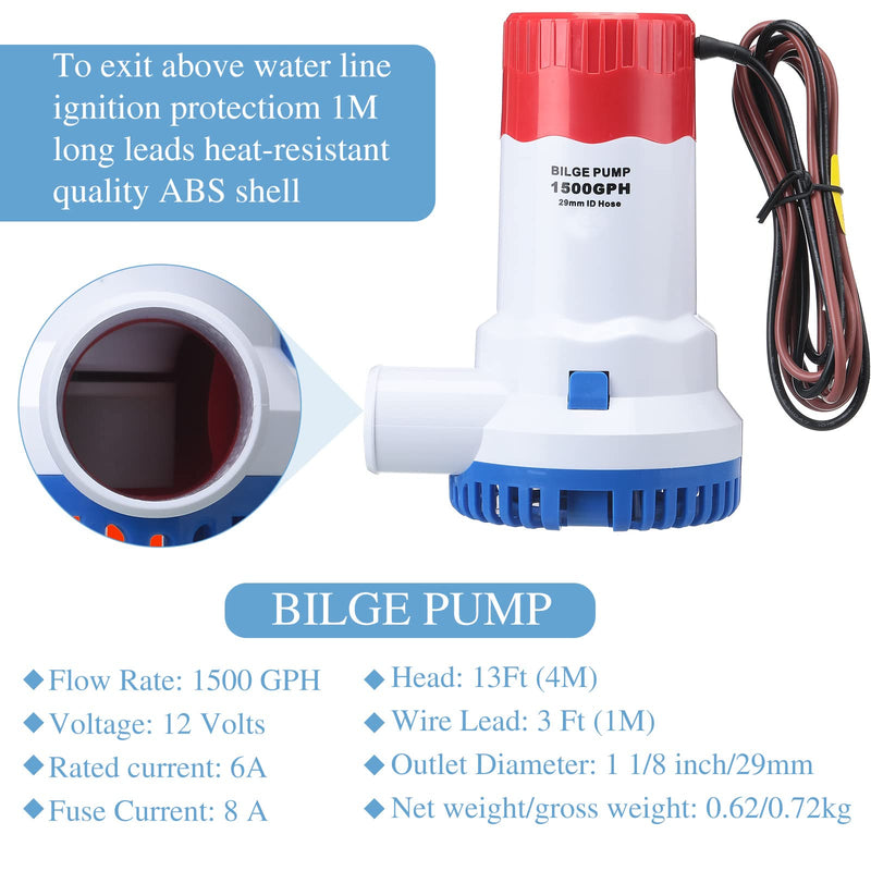 12 V 1500 GPH Bilge Pump Marine Boat Bilge Water Pump with Automatic Bilges Pumps Float Switch 12 V 24 V 32 V for Boats Ponds