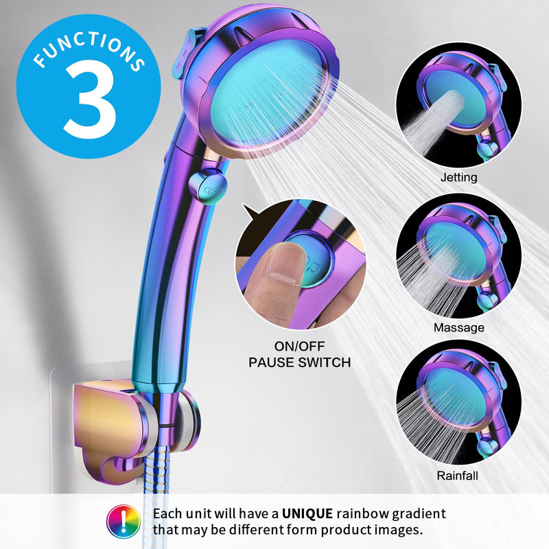 KAIYING Drill-Free High Pressure Handheld Shower Head with ON/OFF Switch, 3 Spray Modes - Polished Finish, Shower Head (Radiant Rainbow) + Bracket + Hose Radiant Rainbow