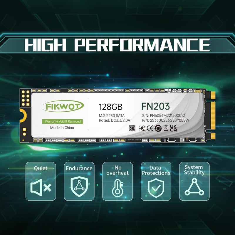 Fikwot FN203 M.2 SATA SSD - SLC Cache 3D NAND TLC SATA III 6Gb/s M.2 2280 NGFF Internal Solid State Drive, Up to 550MB/s, Compatible with Ultrabooks, Tablet Computers and Mini PCs (128GB) 128GB