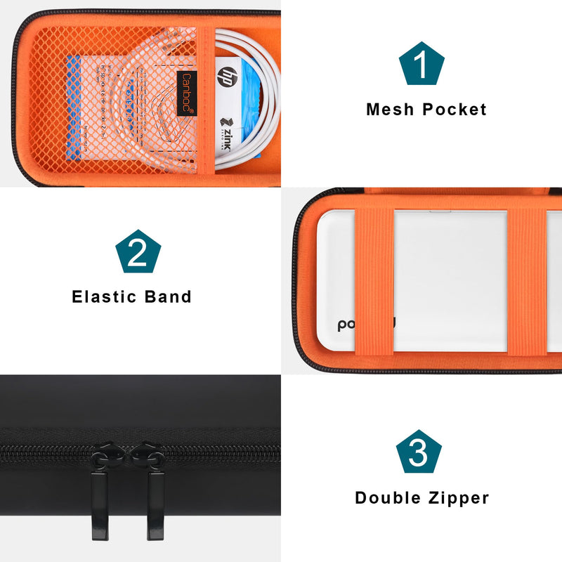 Canboc Carrying Case Compatible with Polaroid Hi-Print 2nd Generation Bluetooth Connected 2x3 Pocket Photo Dye-Sub Printer, Mesh Pocket fits Cable, Paper, Black+Orange (Case Only)