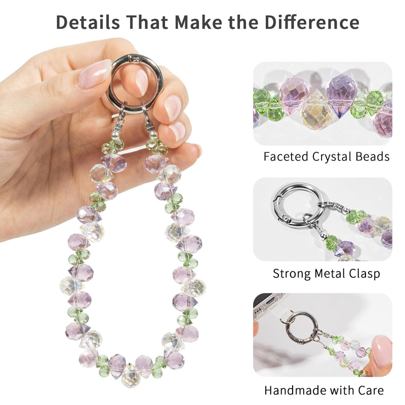 Phone Wrist Strap, Beaded Phone Charm, Cellphone Chain Wristlet | Sparkle Crystal Phone Lanyard with Tether Tab for Women Daily Use, Strong Wire, Anti-Drop, Fits All Phones, Wristlet Keychain Lavender Mint