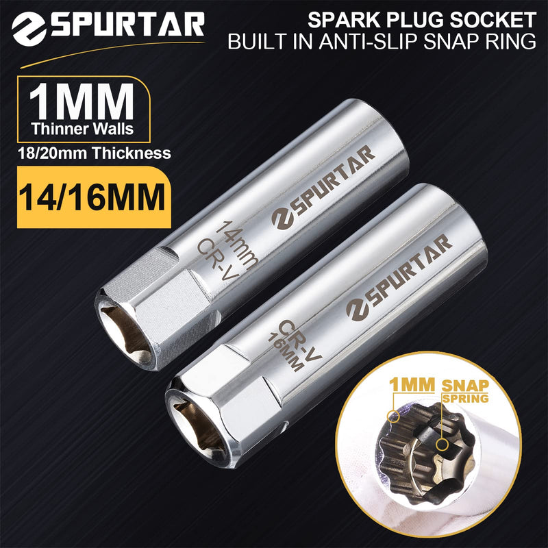Spurtar 14mm 16mm Spark Plug Socket Set Thin Wall 12-Point 3/8-Inch Drive Spark Plug Tool Set for Auto, Fits BMW Peugeot Benz Nissan Cars Motorcycle SUV ATV with Spring Clips 2pcs CRV Steel Tool 14mm & 16mm