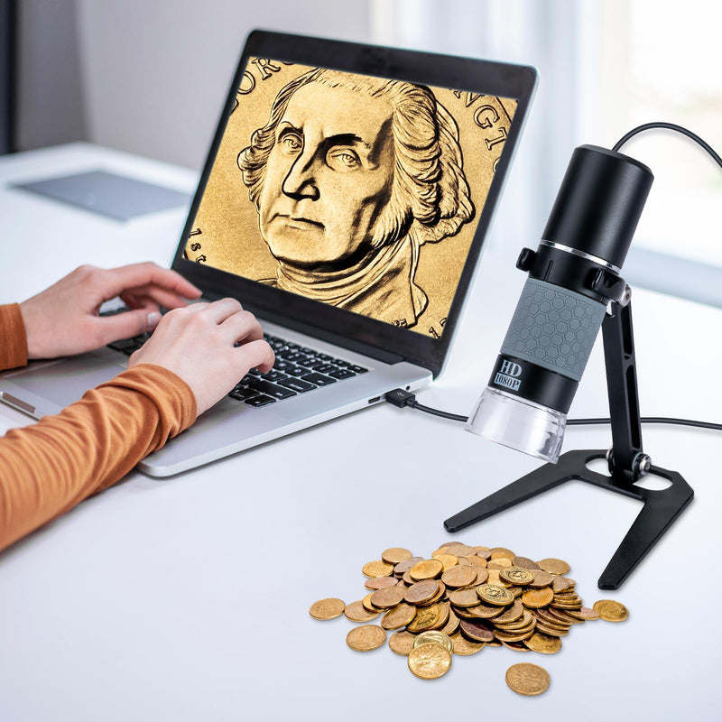1080P USB Digital Microscope with Metal Stand, 50X-1000X Handheld Microscope Camera with 8 LED Lights Compatible with iPhone/Android/Windows/Mac Black