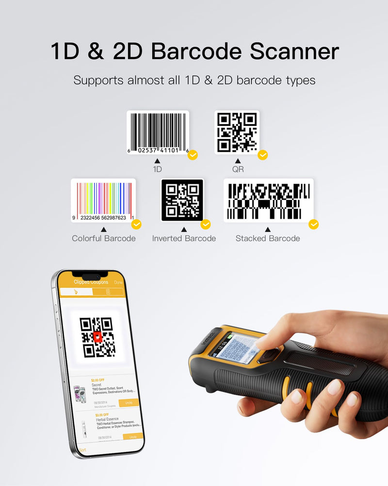 Inateck Barcode Scanner Wireless,Portable Bluetooth Barcode Scanner with Screen,1D 2D QR Code Scanner Kabellos 2.4GHz,Handscanner with APP and SDK, BCST-47 BCST-47-BK