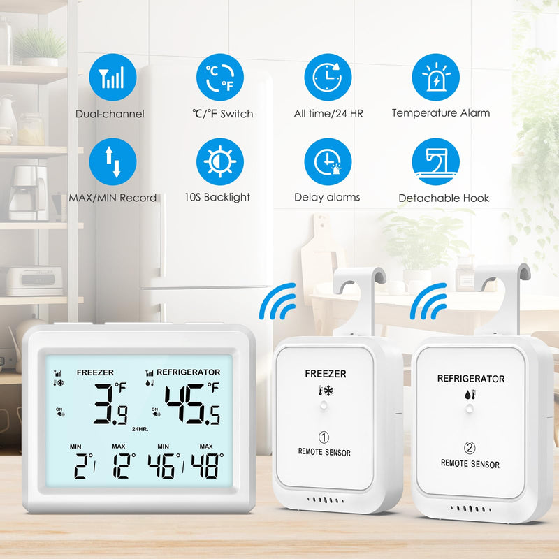 AMIR Wireless Refrigerator Thermometer, Digital Fridge and Freezer Thermometer with Alarm, Freezer Alarm with 2 Sensors, 3.7 inch LCD Fridge Thermometer for Home and Restaurants