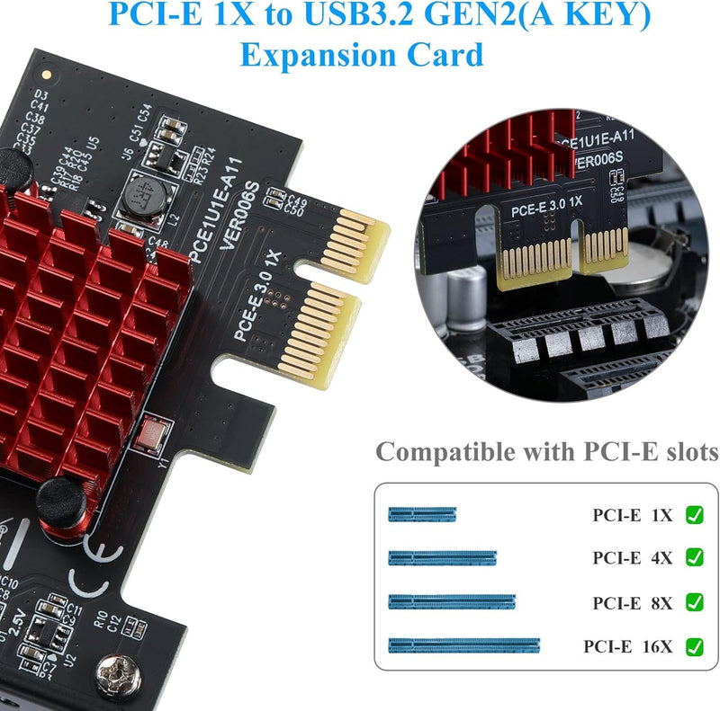 PCI-E Express Expansion Card, PCI-E 1X to USB 3.1 Type E Gen2 A-Key, 10Gbps Front Panel Adapater Card, 3.0 X1 Adapter ASM3142, Support for WIN10/8/7