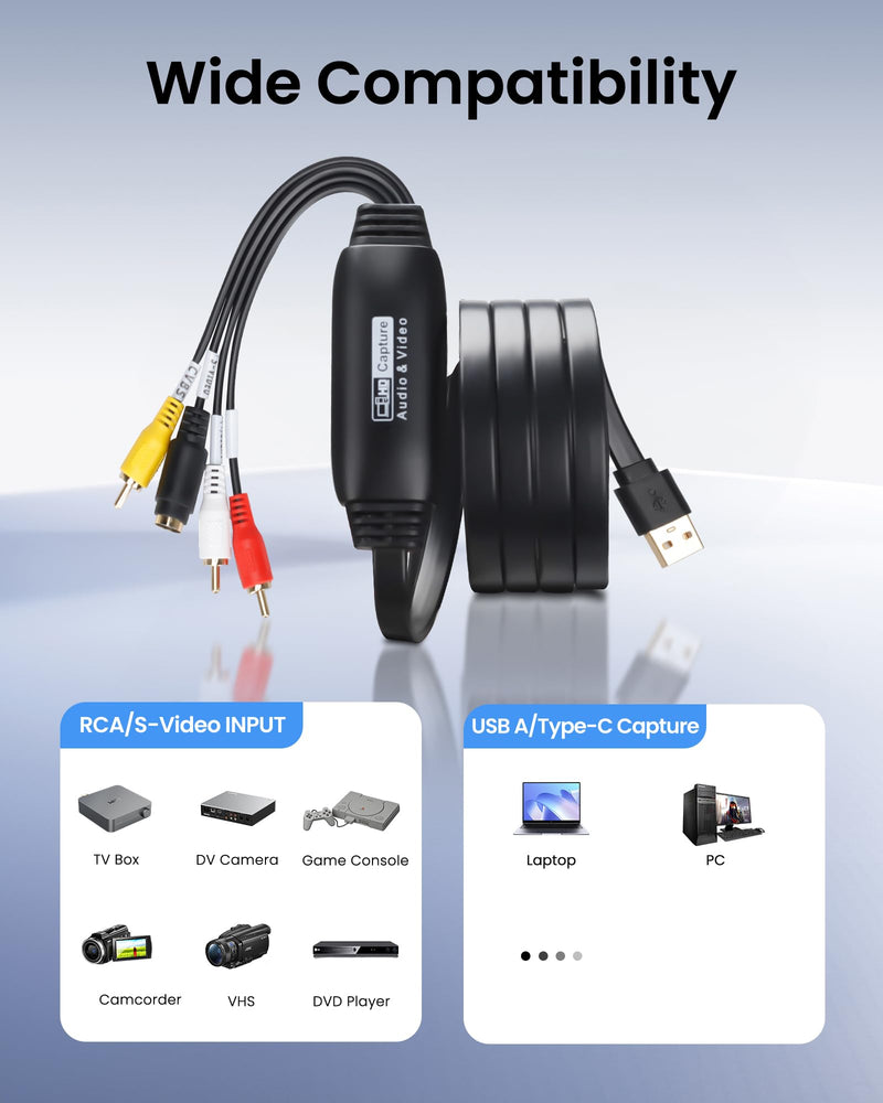  [AUSTRALIA] - VHS to Digital Converter, avedio links USB2.0 Video Cpture Card, RCA AV to USB Audio Video Converter, 1080P Video Capture Device Convert VHS VCR DVD to Digital Adapter, Compatible with Windows, Mac OS Black