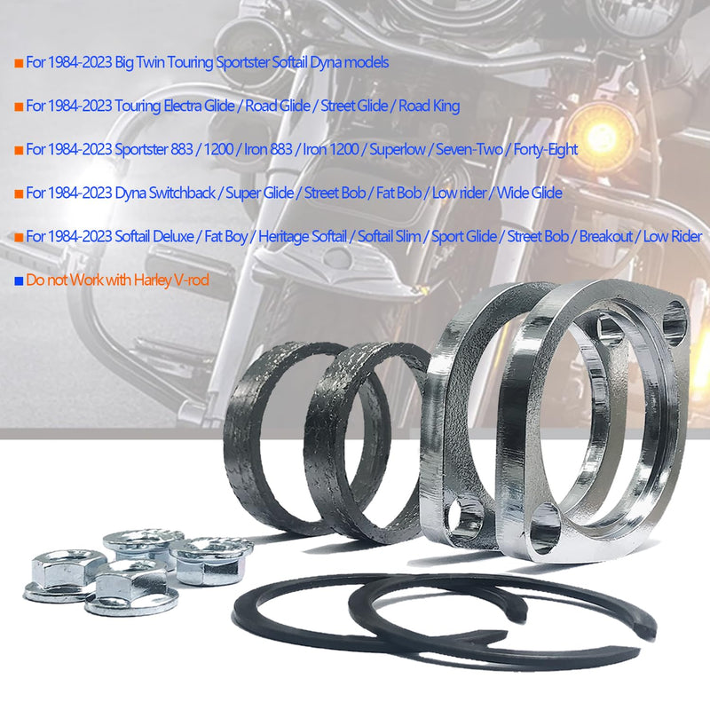 Gasket & Chrome Flange with Nuts & Washers Kit Compatible for Harley-Davidson Big Twin Sportster 883 1200 XL883 XL1200 48 72 1984-2022 Exhaust Flange Gasket