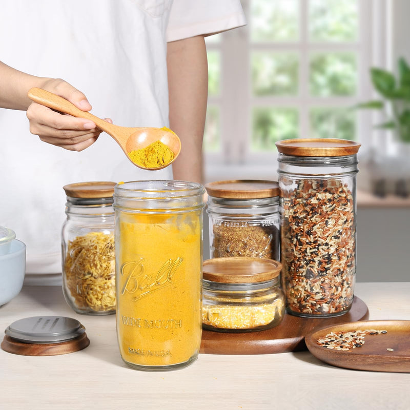 6 Regular Mouth and 6 Wide Mouth Wooden Mason Jar Lids for Ball/Mason Jars, Reusable Acacia Wood Mason Jar Lids with Airtight Silicone Seal Perfect for Dry Food Storage (6PCS-Regular + 6PCS-Wide) 6PCS-Regular + 6PCS-Wide