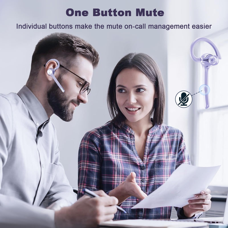 HEIBAS Bluetooth Headset, Wireless Earpiece with Mic for Work | 72H Playtime, 500mAh Charging Case, Hands-Free Calling with Mute Button for Work, Trucker, Office, Driving, Lilac Purple