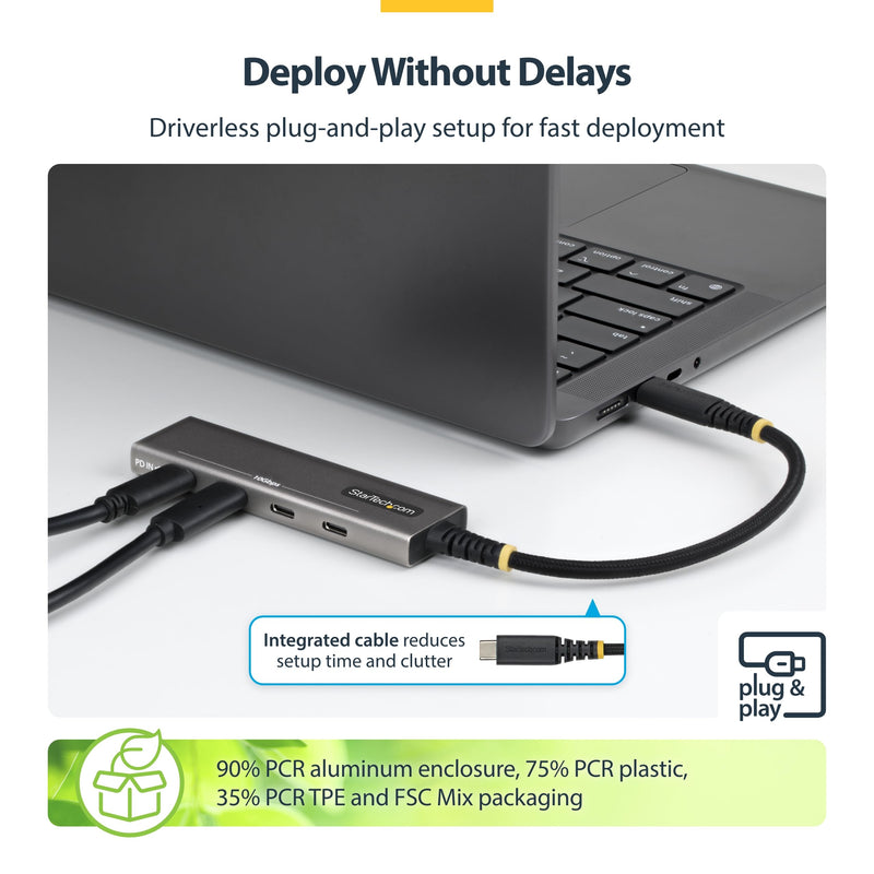 StarTech 4-Port USB-C Hub 10Gbps with 100W PD Charging (309B-USBC-HUB) | 3 dedicated 10Gbps USB-C data ports plus 1 shared data or PD port, Overcurrent protection, Driverless
