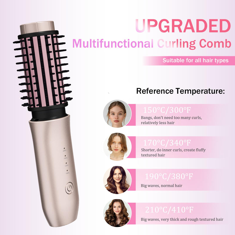 Cordless Curling Brush, Travel Hot Brush Cordless Hair Curler Straightening Brushes, 7000mAh Portable Heated Curling Brushes USB Rechargeable Ionic Hot Air Styler for Hair Styling, Pink