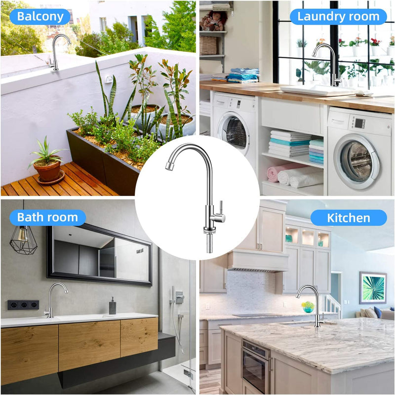 Brushed Nickel Cold Water Faucet Only,Single Handle Single Hole SUS304 Stainless Steel Cold Water Faucet for Kitchen.Outdoor(Stainless Steel nut, Longer Threaded Rod) Upgraded