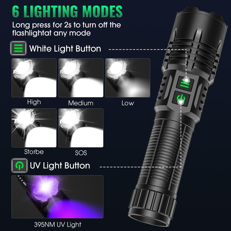 AdamStar UV&High Lumens Flashlight Rechargeable, 2-in-1 Powerful Blacklight LED Flashlight Tactical 6 Modes Super Bright Waterproof Zoomable Detector for Pet Urine Curing Resin Camping 1 Pack