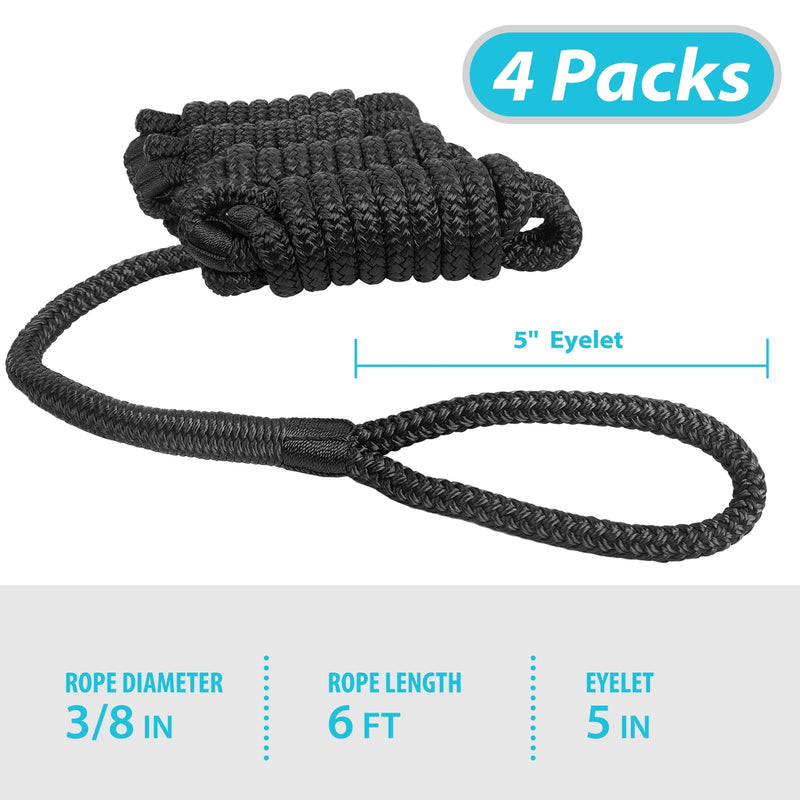Obcursco 4 Pack 3/8" x 6FT Boat Fender Lines - Marine Grade Double Braided Nylon Rope with 5" Eyelet for Tying Bumpers & Docking, Fray Resistant, Black