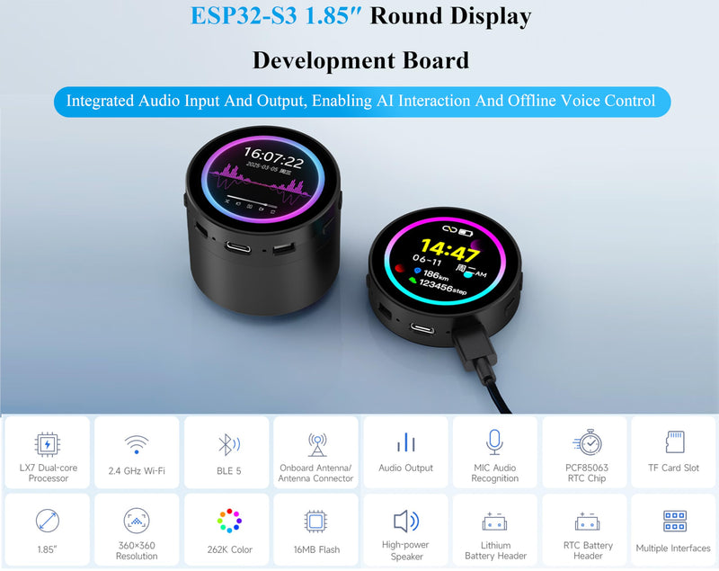 ESP32-S3 with 1.85inch Touch Round LCD Development Board, 360x360, Support W-i-Fi & BLE 5, Smart Speaker Box, AI Speech, Supports AI Speech Interaction and Offline Voice Control