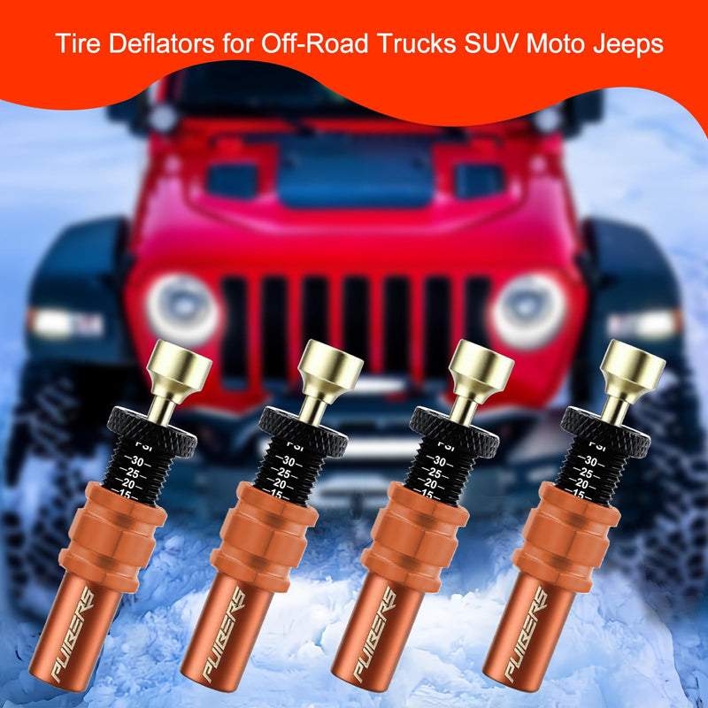 Tire Deflator Adjustable Auto-Stop (0.7-2.1bar/10-30PSI) - Precision Tire Deflators Offroad Accessories 4x4 for Truck, SUV, Motorcycle,Brass Core Tyre Air Down Tool 4PCS