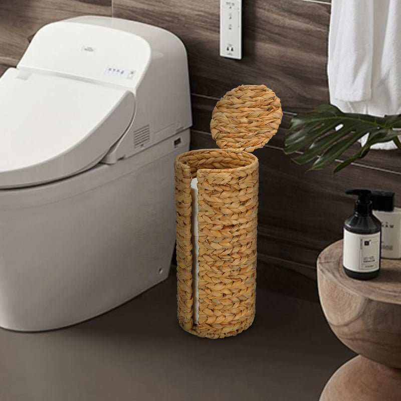 Graciadeco Stand Paper Storage with Lid Spare Extra 3 Rolls of Toilet Tissue Holder Free Standing Water Hyacinth Wciker Toilet Paper Organizer Basket for Bathroom Natural Color