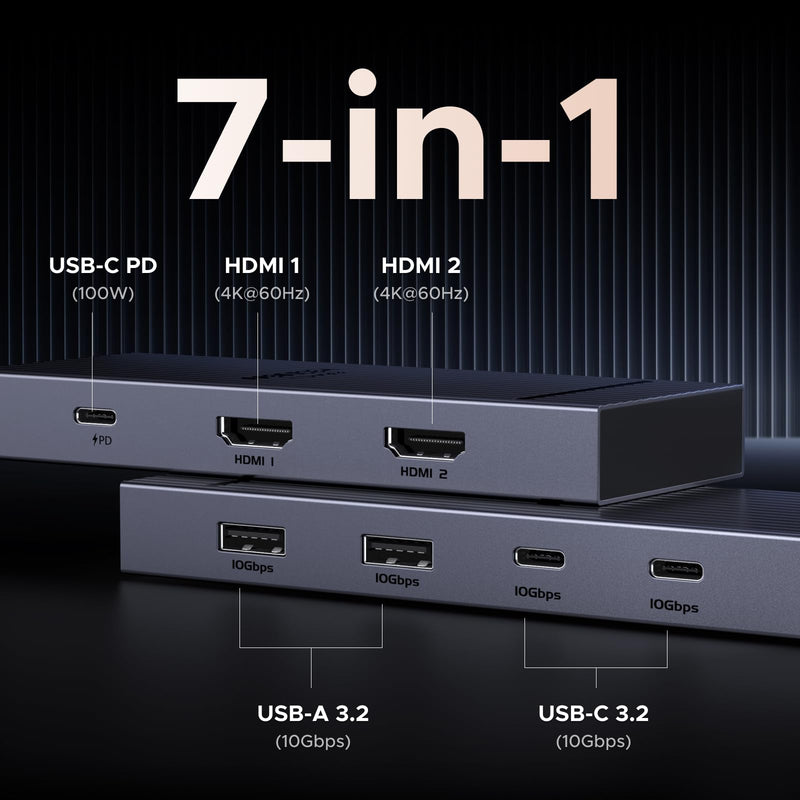 UGREEN USB C Docking Station Dual Monitor, 7-in-1 Aluminum Dock with 2xHDMI | Dual 4K@60Hz, 4x10Gbps USB-A&C Data Port, 100W PD, Revodok Pro Laptop Docking Station for HP, Thinkpad, Dell and More Laptop