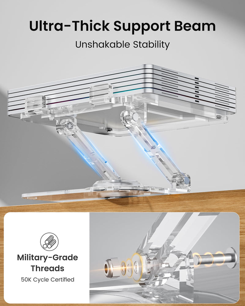 Laptop Stand for Desk - Adjustable, Foldable Clear Acrylic Riser with 360° Rotating Base, Ergonomic Laptop Holder for MacBook Pro/Air & 10-16” Notebooks Acrylic - Transparent color