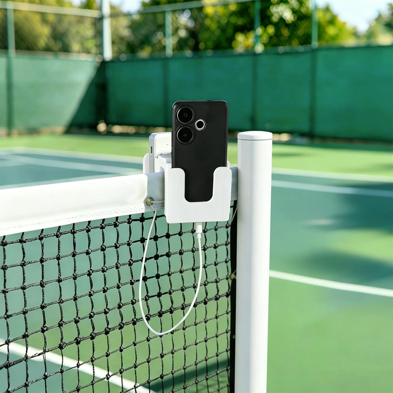 Tennis Net Phone Holder, 3D Printed Dual-View Camera Mount (White) | 30° Golden Angle | Dual Holders Simul Rec | Charging Port Cutout | Landscape & Portrait Switch | Dual Triangle Storage Slots