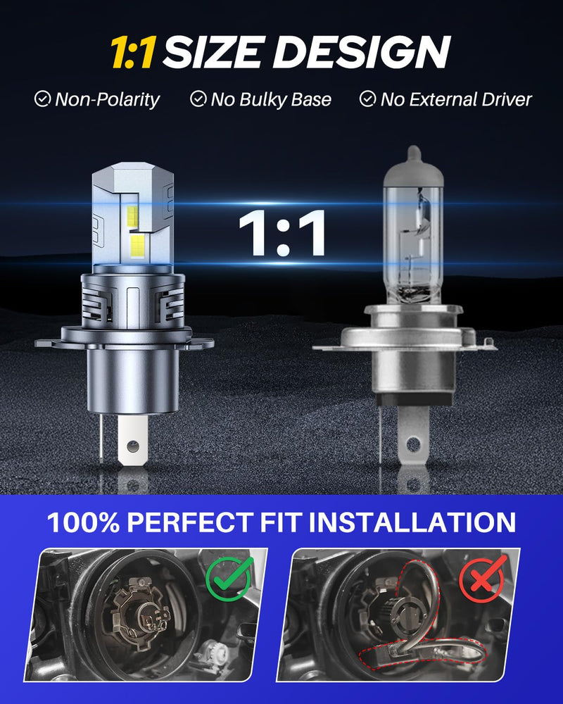  [AUSTRALIA] - AUTOONE H4 LED Light Bulbs Upgraded 900% 50000LM Brightness 6500K White H4/9003/HB2 Hi Lo w/Cooling Fan for Halogen, 1:1 Size 99% Compatibility, Plug-N-Play, Longer Lifespan HB2/H4/9003