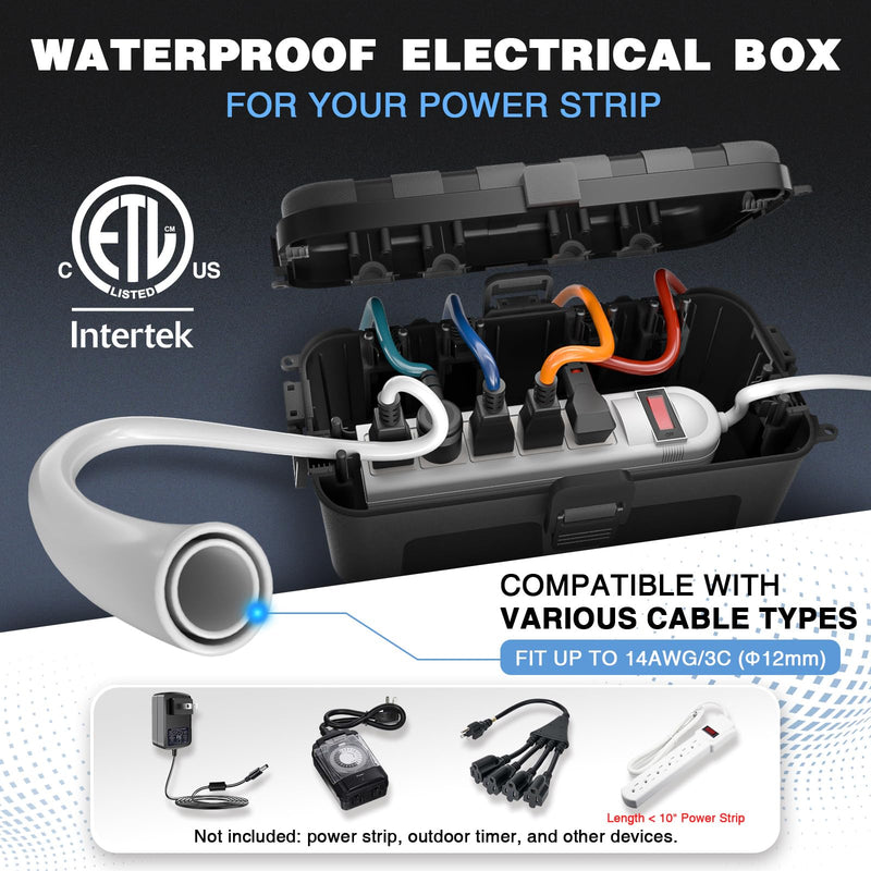 Flemoon [2 Pack] Outdoor Electrical Box Waterproof, Medium Weatherproof Electrical Box (11.5x5.2x4 inch) w/6 Cable Entry Ports, Extension Cord Cover for Power Strip, Timer, Plug, Holiday Light, Black 2 Pack