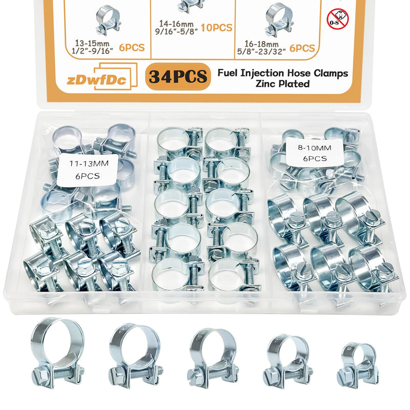 34PCS 8-18mm 5 Sizes Fuel Injection Line Hose Clamps Assortment Kit, 1/4" 5/16" 3/8" Fuel Line Hose Clamp for Automotive Diesel Petrol Pipe DD025