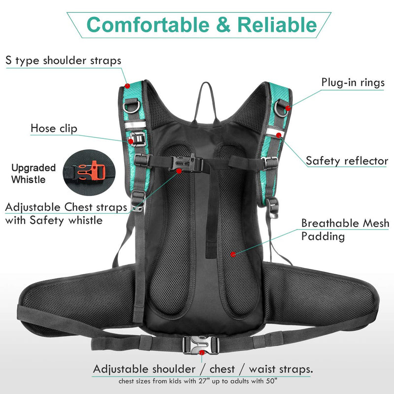 Hydration Pack, Insulated Hydration Backpack with 2L BPA Free Water Bladder and Storage, Hiking Backpack for Men, Women, Kids for Running, Cycling, Camping - Keep Liquid Cool up to 5 Hours Emerald