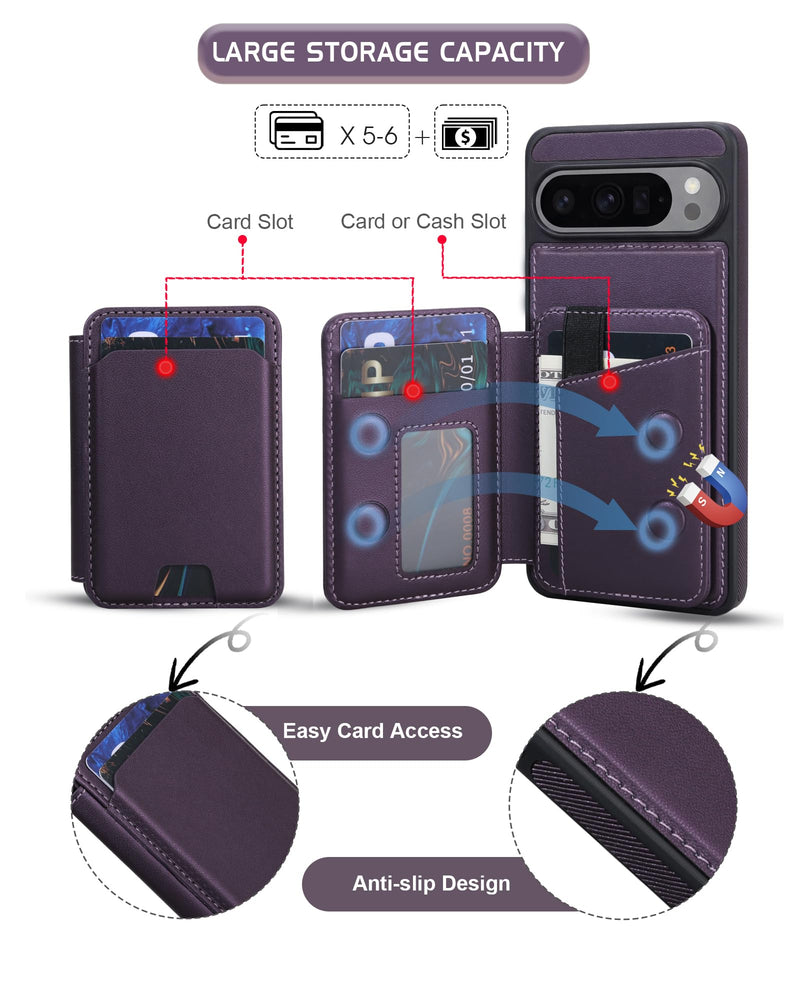 Magnetic Detachable Wallet Case for Google Pixel 10/10Pro with Kickstand,2-in-1 MagSafe Compatible RFID Blocking Card Holder,Slim PU Leather Cover Purple For Pixel 10/10Pro