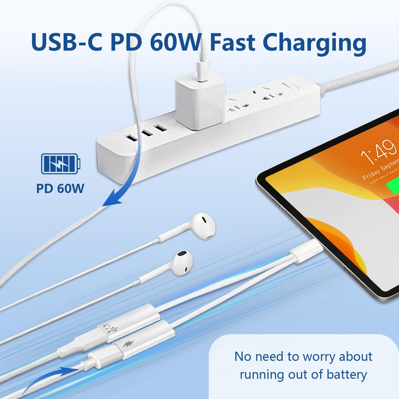 USB C Splitter 1 in 2 Out, Dual USB-C Charger and Headphone Adapter, USB-C Splitter PD 60W Fast Charging, Type C Audio Adapter Dongle Cable for Apple iPhone 15 16 17/iPad Pro/Galaxy/Pixel (1PACK) USB-C to USB-C and USB-C 1 PACK