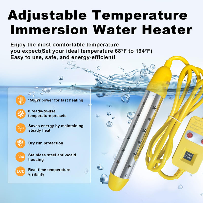 Portable Water Heater – 1500W Immersion Heater for Bathtub with Switch Control, Bucket, Hot Tub, and Mini Inflatable Pool – Fast Heating with Rust-Resistant 304 Stainless Steel Cap(Yellow) Yellow