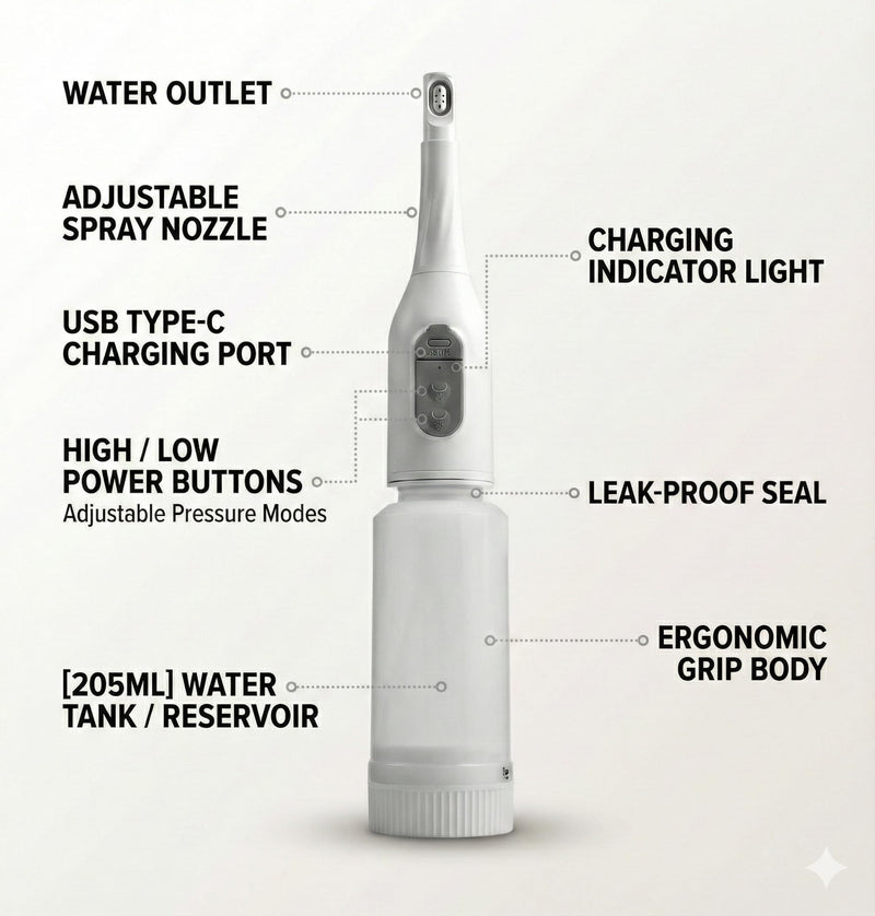 Portable Bidet Sprayer with 360° Nozzle | USB-C Rechargeable Bidet Comes with 205 ml Water Bottle & Dual Modes | Waterproof Handheld Electric Travel Bidet for Women, Men, Babies & Personal Hygiene