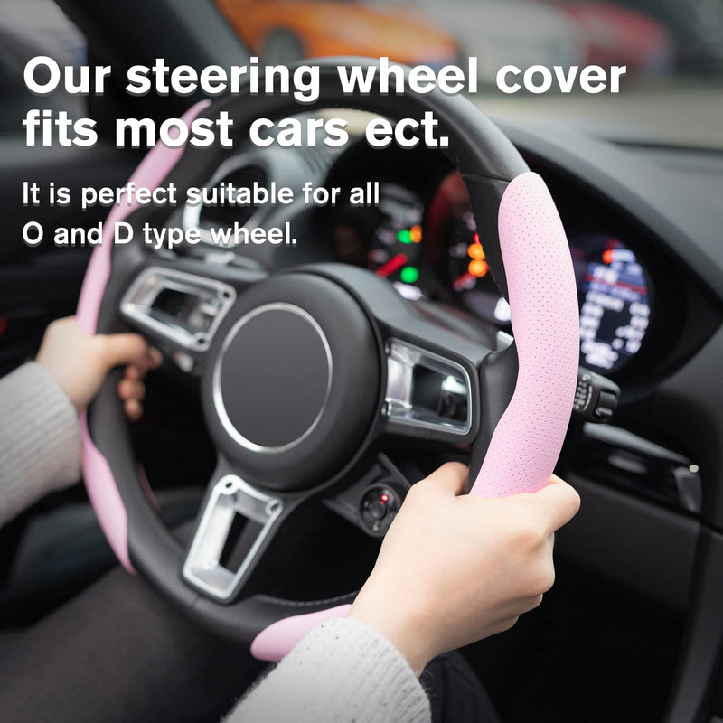 Amiss Car Nappa Leather Steering Wheel Cover, Segmented Steering Wheel Protector, Universal 99% Car Wheel Cover Protector (Pink) pink