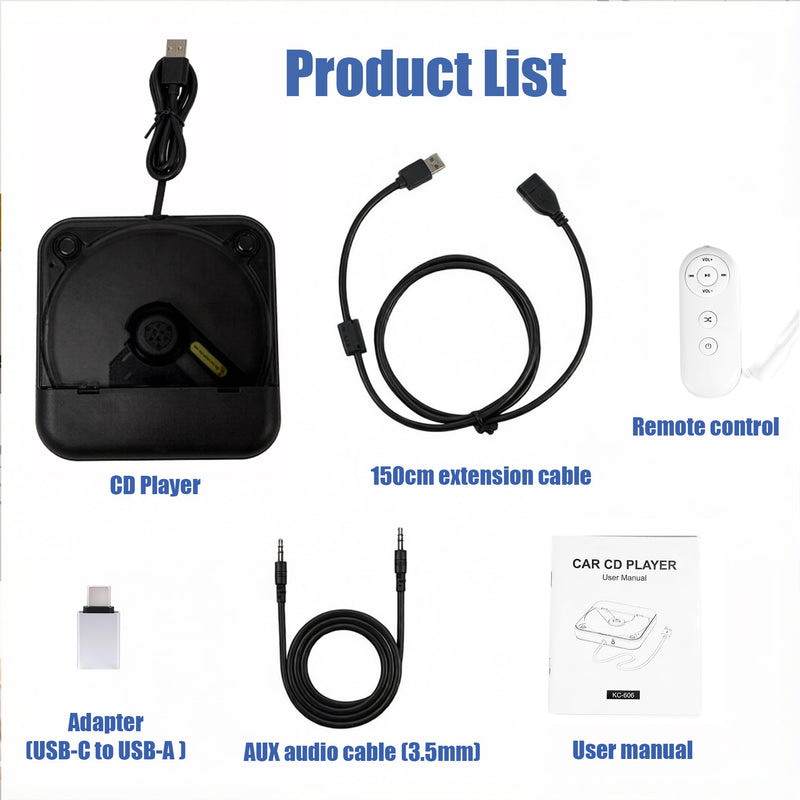 CD Player for Car, External Portable Car CD Players with USB/AUX Adapter | Universal USB CDs Player with Remote Control for Vehicle Laptop TV Computer for Android 4.4 and Above | Black