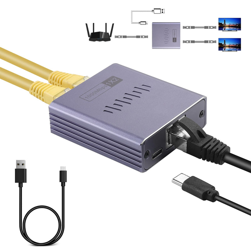 Ethernet Splitter 1 to 2 1000Mbps Internet Cable Splitter 1 in 2 Out High Speed Either Network Splitter Gigabit Dual LAN RJ45 Port Router Switch Work with Cat6/7/8 Cable Ethernet Spliiter 1to2((ES-1X2)